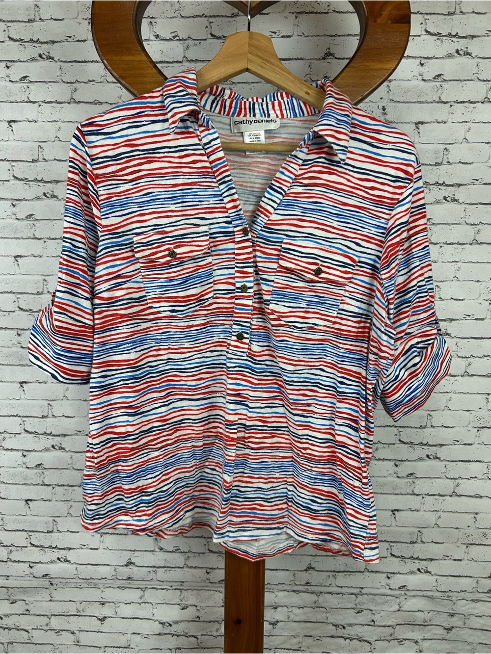 Cathy Daniels | Red, White & Blue Wavy Stripe Button Pullover size L